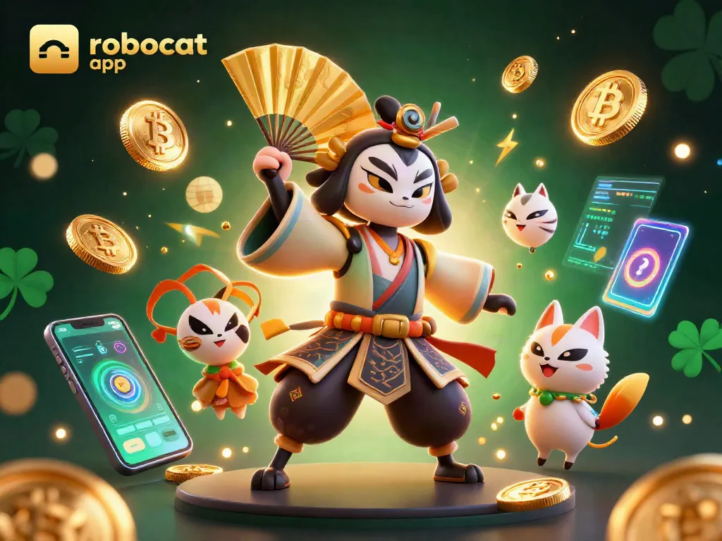 Experience the excitement of the robocat app with glowing cryptocurrency elements in a vibrant casino scene.