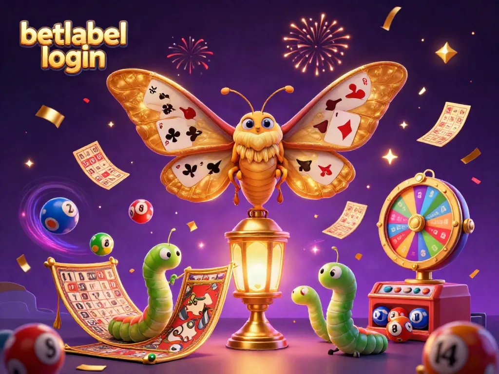 Betlabel login scene with vibrant lottery elements and a golden moth in 3D illustration.