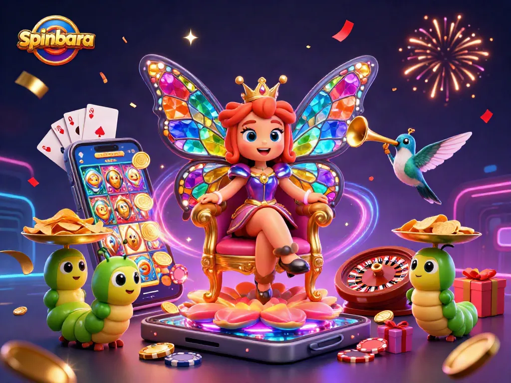 Spinbara's vibrant casino scene with butterfly queen and festive gambling elements