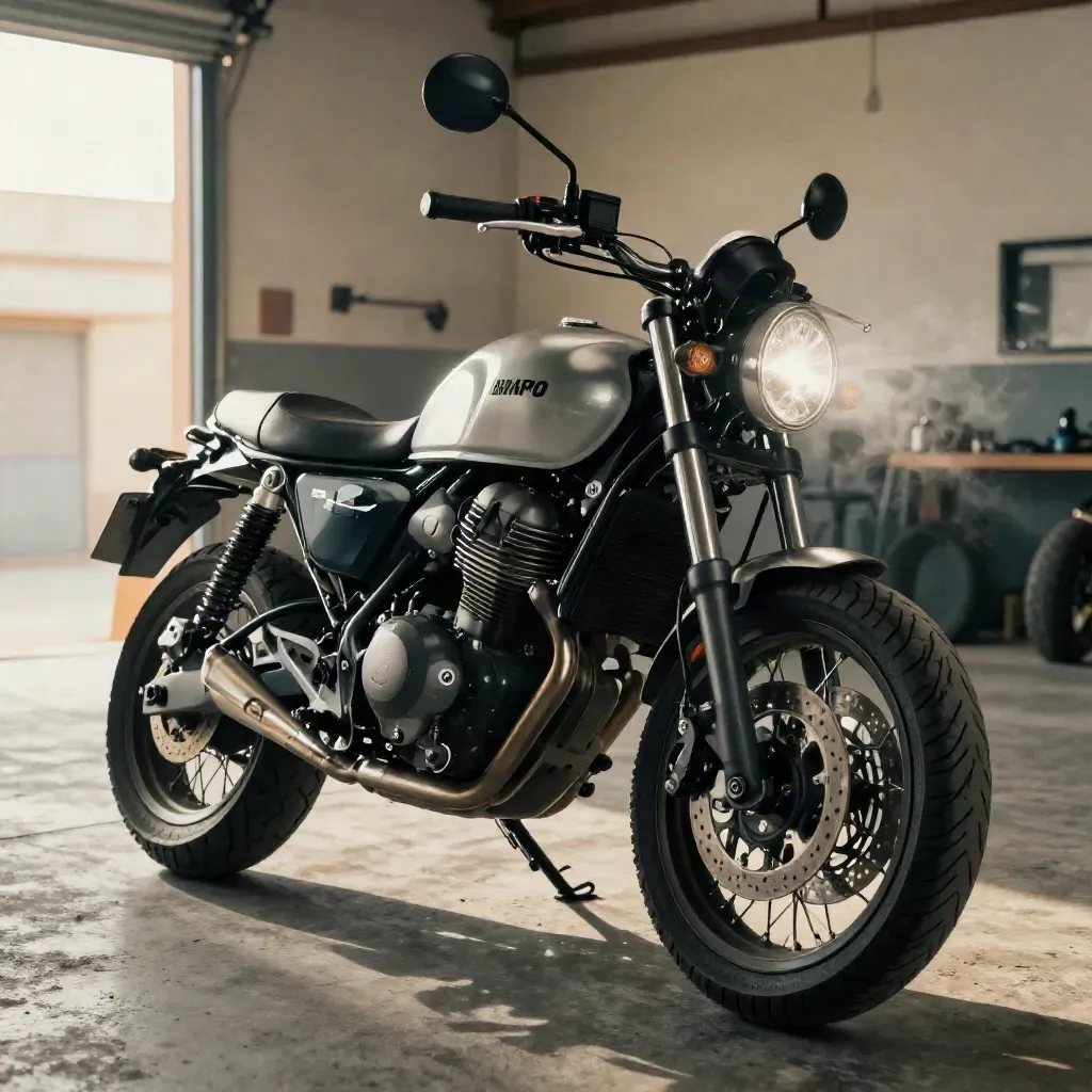 Moto urbana encendida en un garaje abierto, con batería nueva y rueda delantera protagonista.