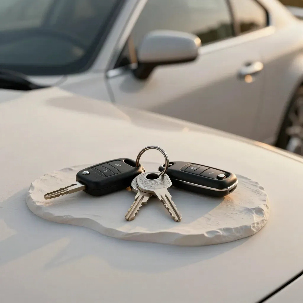Llaves del coche reunidas junto a un capó cerrado y la luz de cortesía encendida.